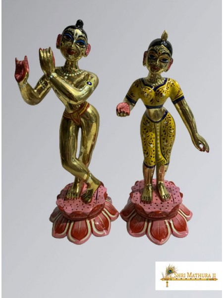 Yellow Hand Painted Pure Brass Radha Krishna Idols Statues (7.5 KG, 30 CM)